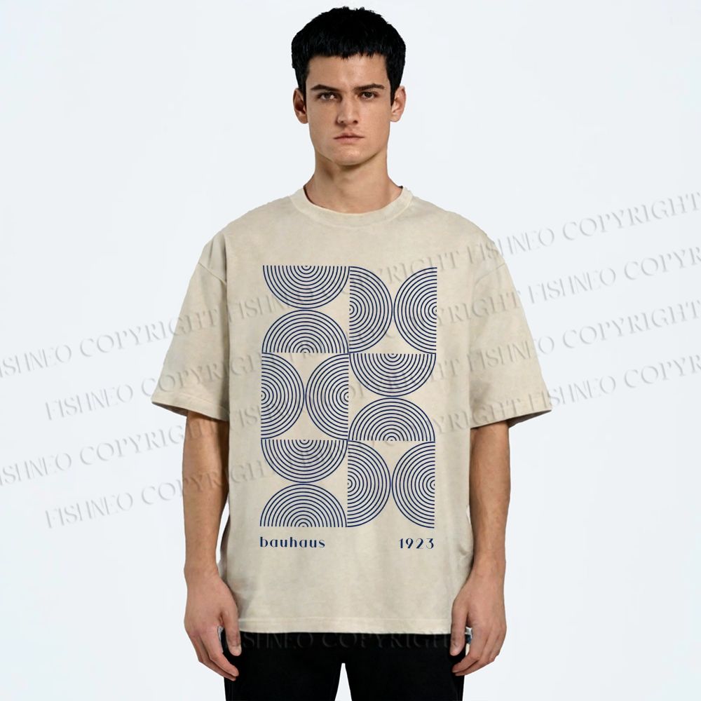 Unisex Bauhaus Geometric Semicircle Printed Washed Tee