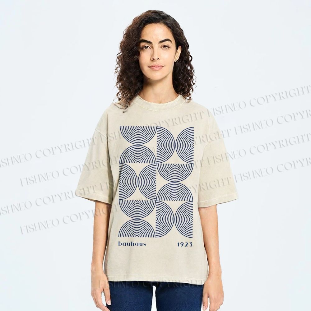 Unisex Bauhaus Geometric Semicircle Printed Washed Tee