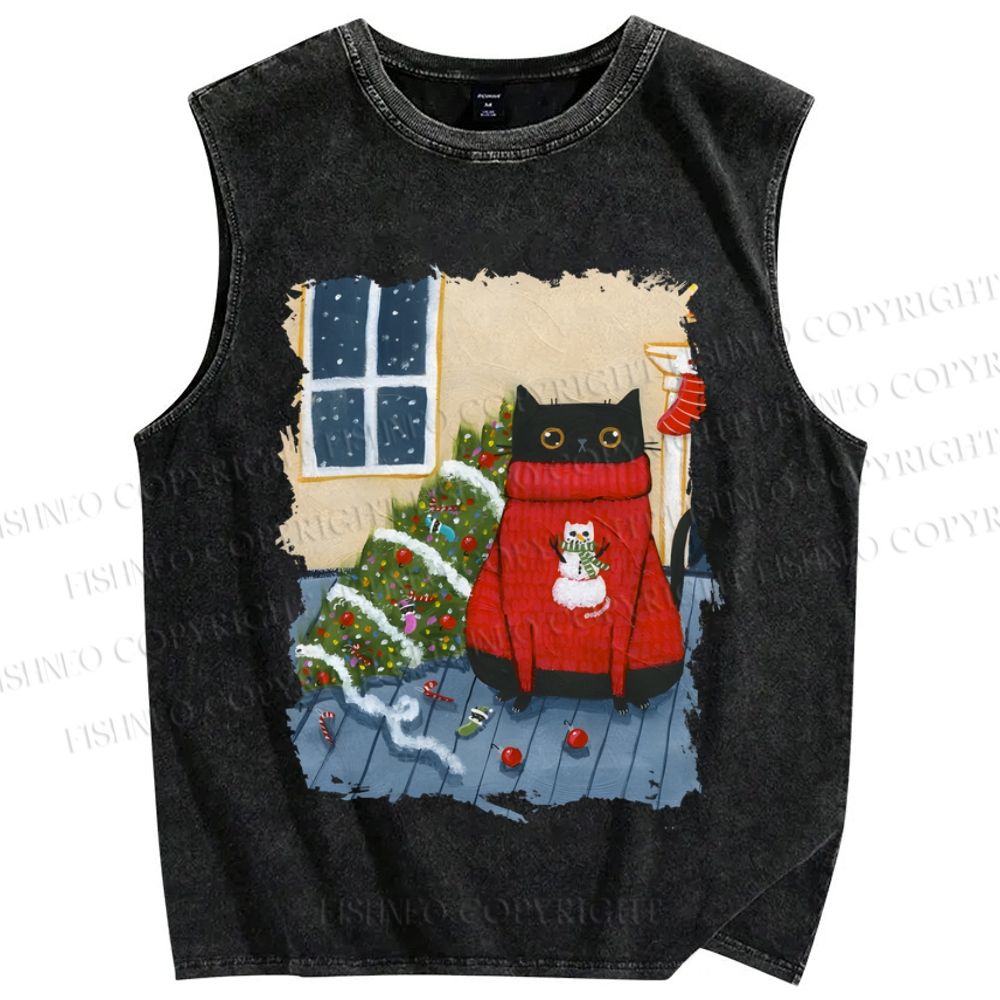 Unisex Black Cat in Red Sweater Christmas Printed Washed Tank Top