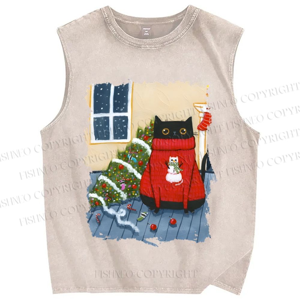 Unisex Black Cat in Red Sweater Christmas Printed Washed Tank Top