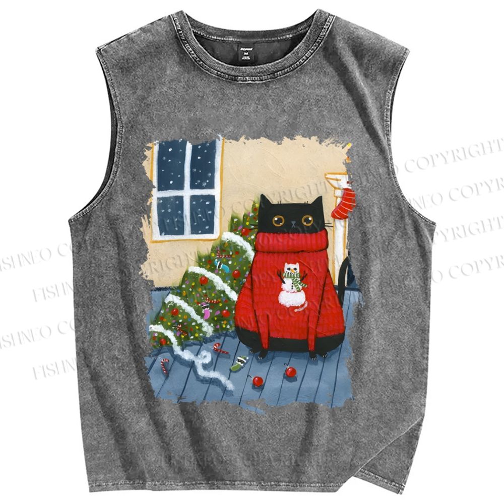 Unisex Black Cat in Red Sweater Christmas Printed Washed Tank Top