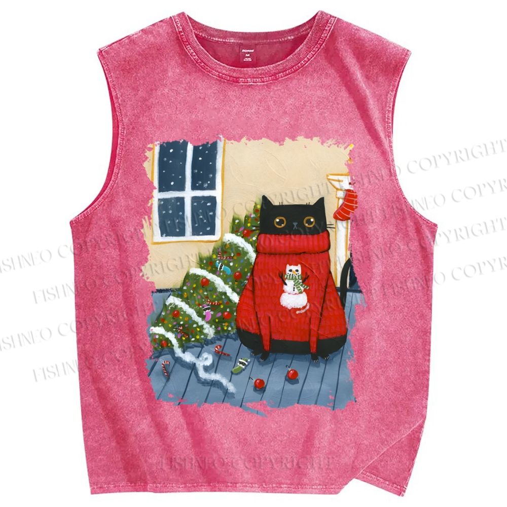Unisex Black Cat in Red Sweater Christmas Printed Washed Tank Top