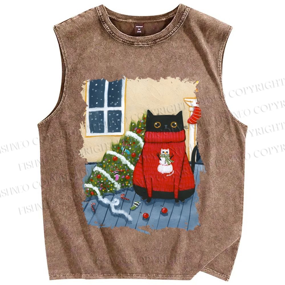 Unisex Black Cat in Red Sweater Christmas Printed Washed Tank Top