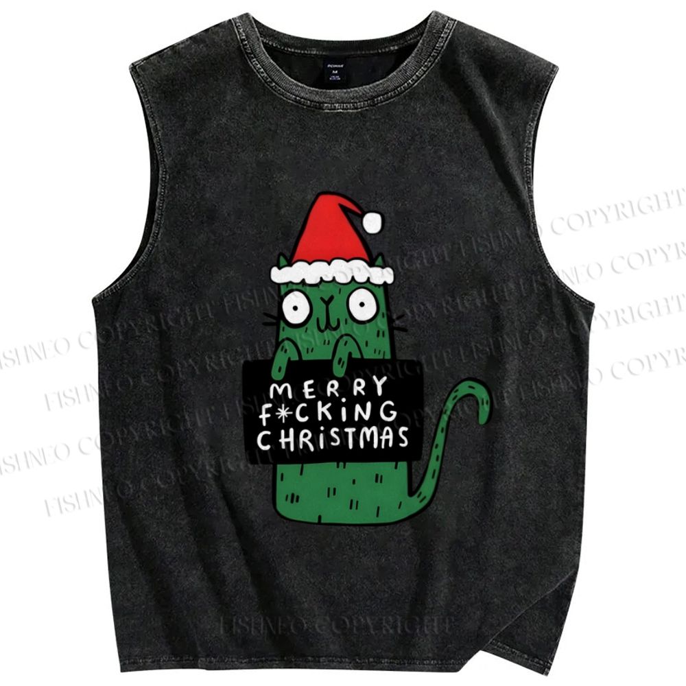 Unisex Weird Green Cat Merry Xmas Printed Washed Tank Top
