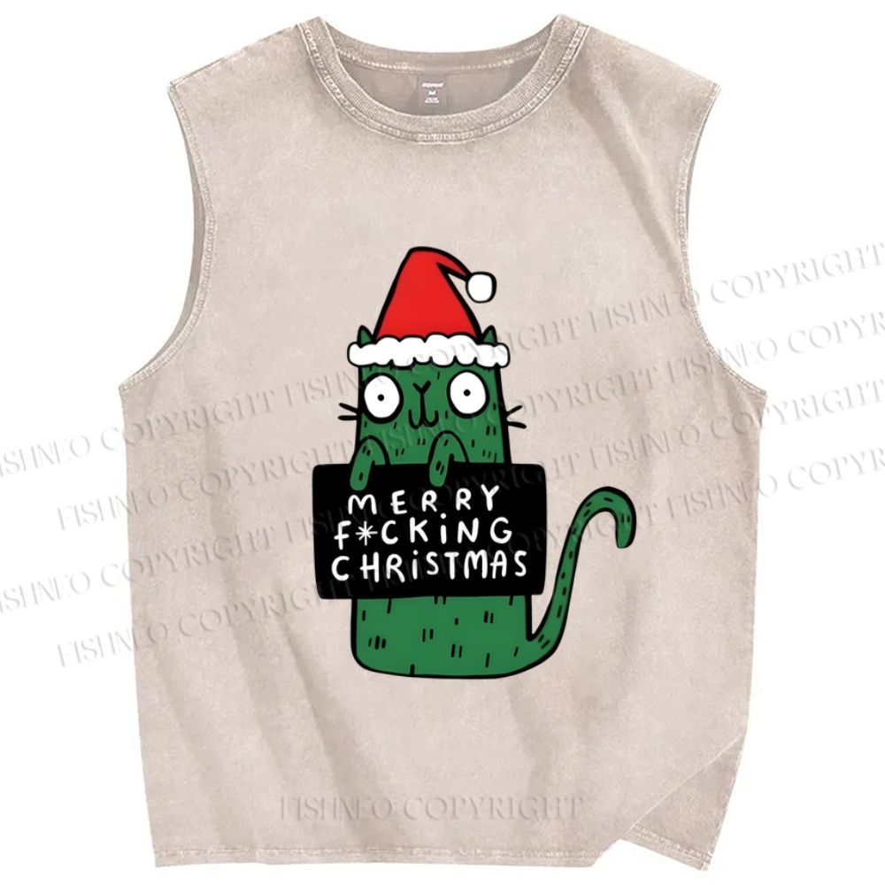 Unisex Weird Green Cat Merry Xmas Printed Washed Tank Top