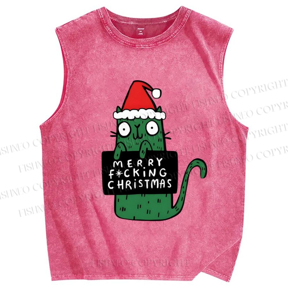Unisex Weird Green Cat Merry Xmas Printed Washed Tank Top