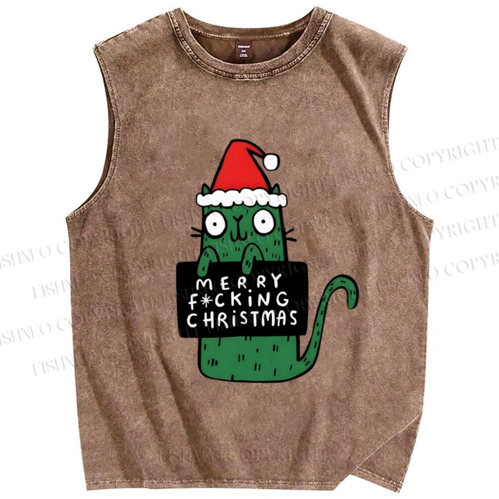 Unisex Weird Green Cat Merry Xmas Printed Washed Tank Top
