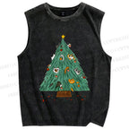 Unisex Cats Hiding in Christmas Tree Printed Washed Tank Top
