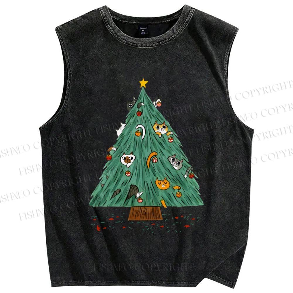 Unisex Cats Hiding in Christmas Tree Printed Washed Tank Top