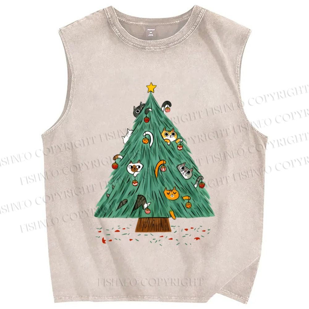 Unisex Cats Hiding in Christmas Tree Printed Washed Tank Top