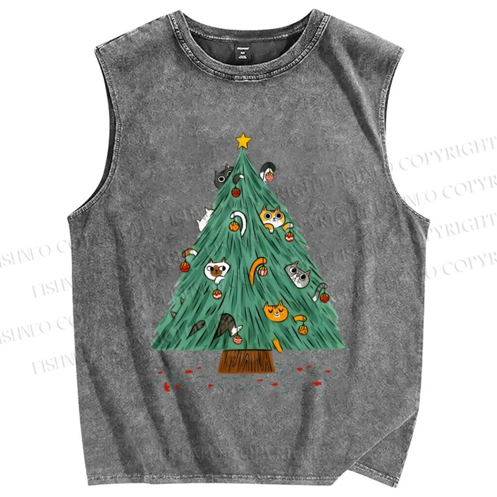Unisex Cats Hiding in Christmas Tree Printed Washed Tank Top
