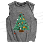 Unisex Cats Hiding in Christmas Tree Printed Washed Tank Top