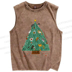 Unisex Cats Hiding in Christmas Tree Printed Washed Tank Top