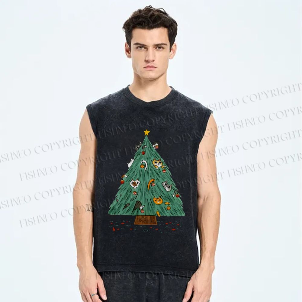 Unisex Cats Hiding in Christmas Tree Printed Washed Tank Top