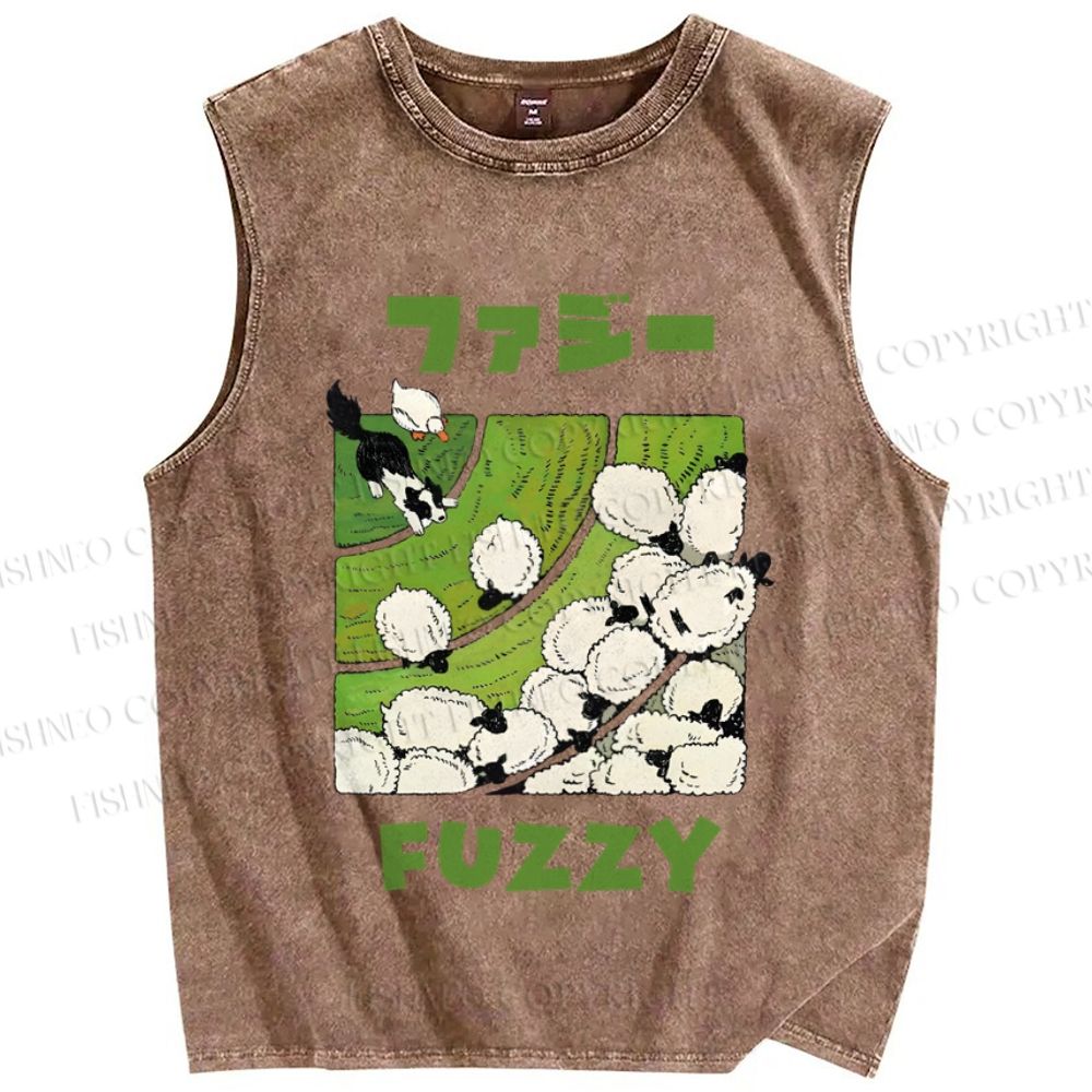 Unisex Fuzzy Sheep Japanese Printed Washed Tank Top