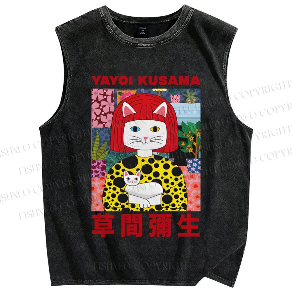 Unisex Japanese Yayoi Kusama With Cat Printed Washed Tank Top