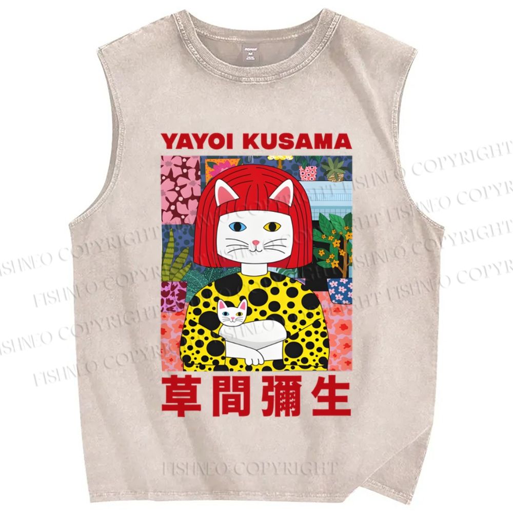 Unisex Japanese Yayoi Kusama With Cat Printed Washed Tank Top