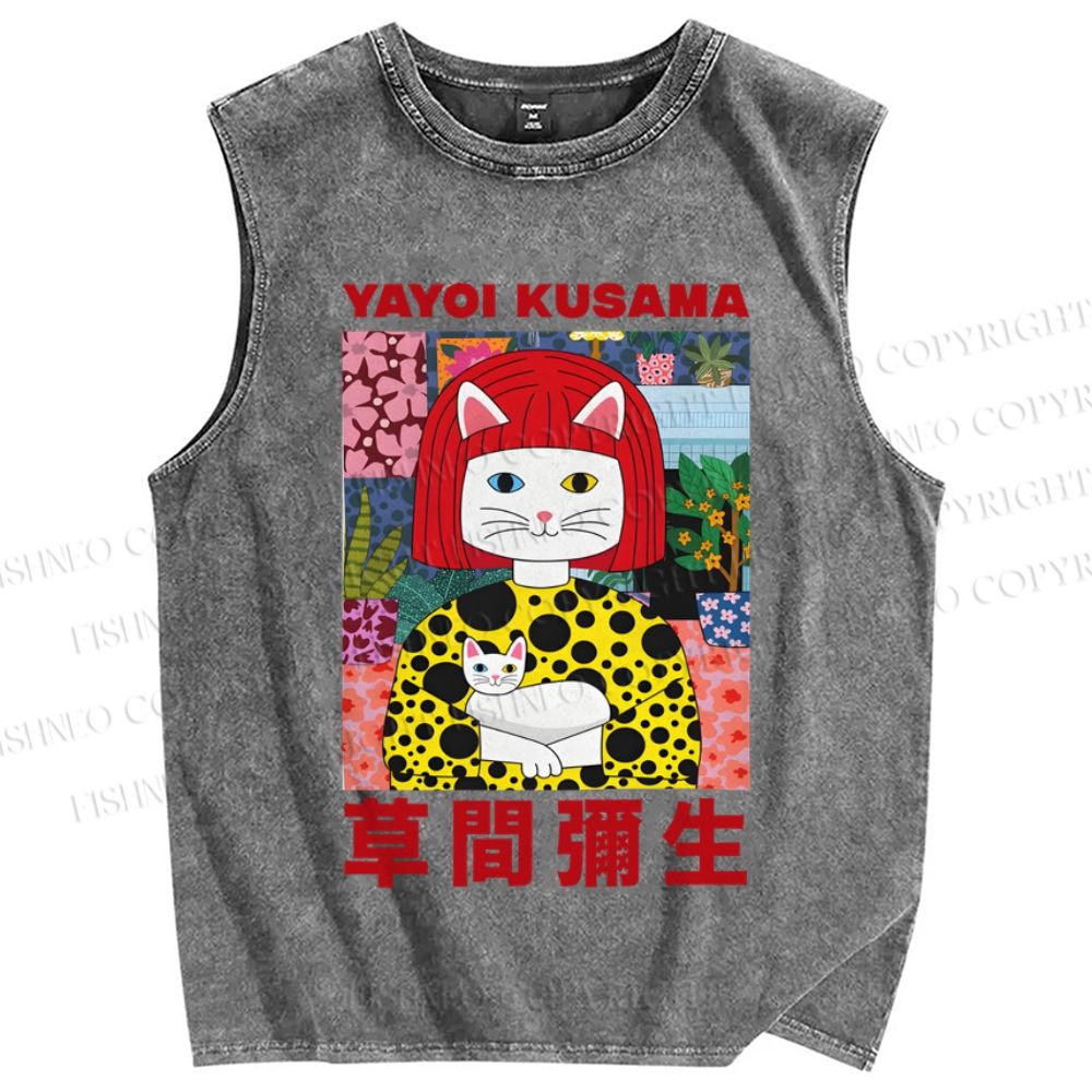 Unisex Japanese Yayoi Kusama With Cat Printed Washed Tank Top