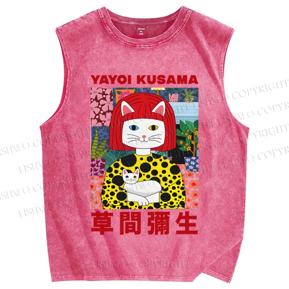 Unisex Japanese Yayoi Kusama With Cat Printed Washed Tank Top