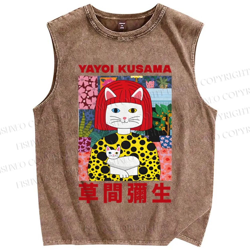 Unisex Japanese Yayoi Kusama With Cat Printed Washed Tank Top