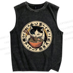 Unisex Ramen Cat Printed Washed Tank Top