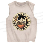 Unisex Ramen Cat Printed Washed Tank Top