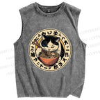 Unisex Ramen Cat Printed Washed Tank Top