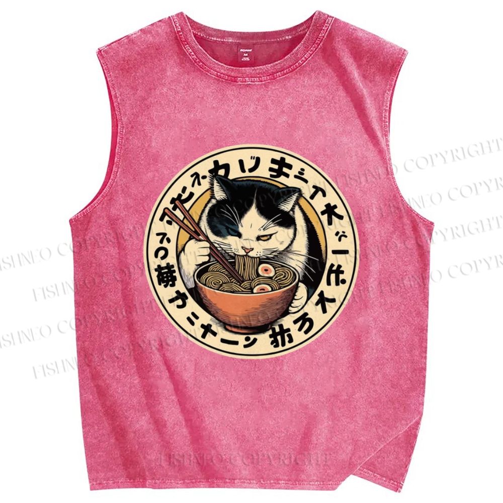Unisex Ramen Cat Printed Washed Tank Top