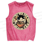 Unisex Ramen Cat Printed Washed Tank Top