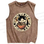 Unisex Ramen Cat Printed Washed Tank Top