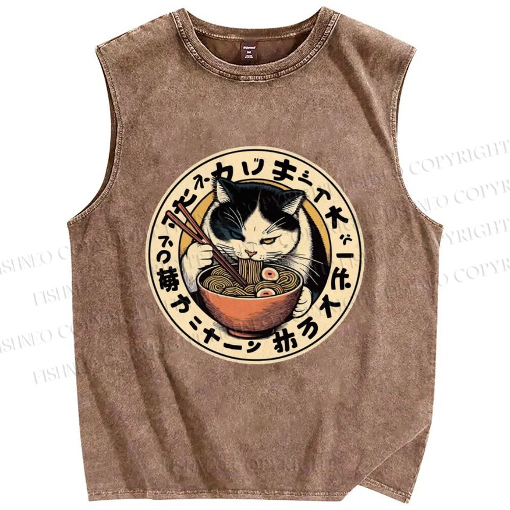 Unisex Ramen Cat Printed Washed Tank Top