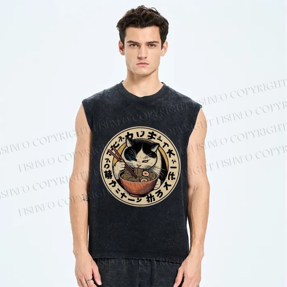 Unisex Ramen Cat Printed Washed Tank Top
