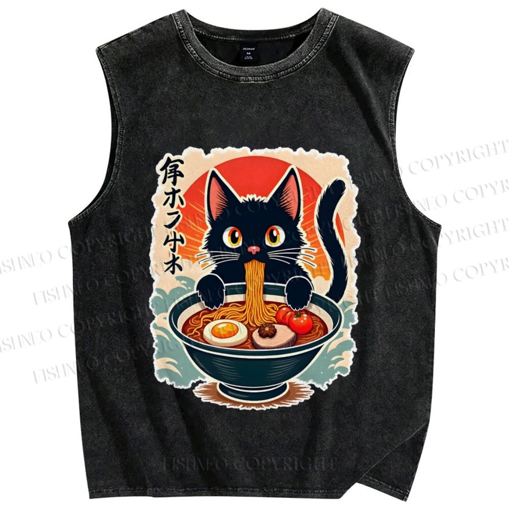 Unisex Ramen Cat Printed Washed Tank Top