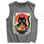 Unisex Ramen Cat Printed Washed Tank Top