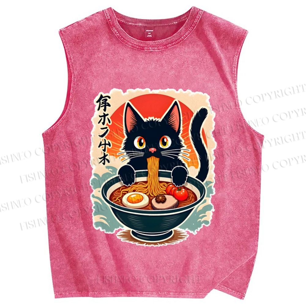 Unisex Ramen Cat Printed Washed Tank Top