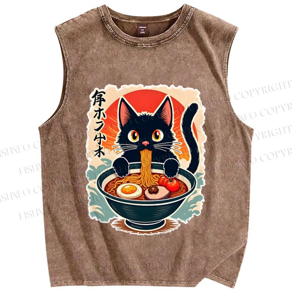 Unisex Ramen Cat Printed Washed Tank Top
