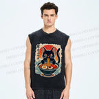 Unisex Ramen Cat Printed Washed Tank Top