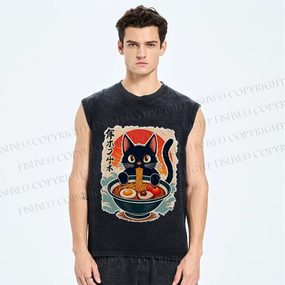 Unisex Ramen Cat Printed Washed Tank Top