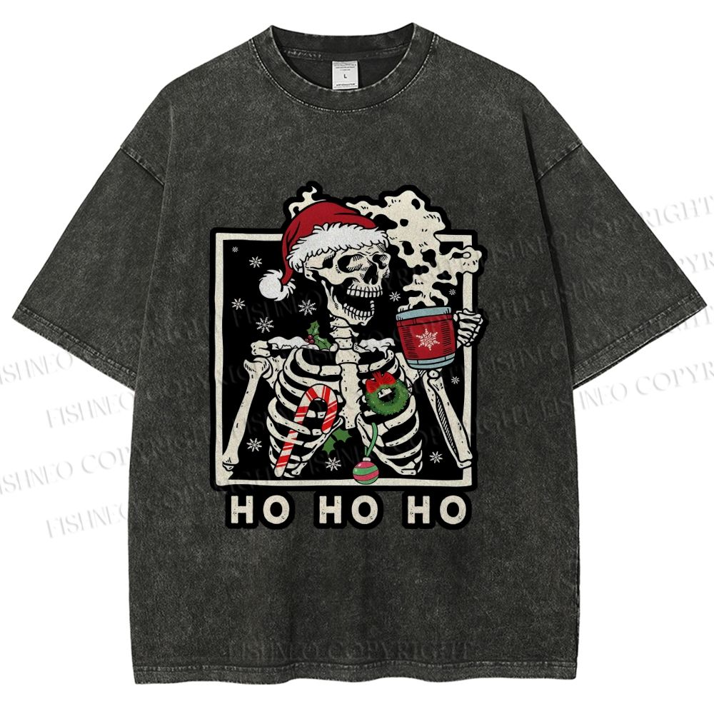 Unisex Christmas Skull Ho Ho Ho Printed Washed Tee