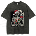 Unisex Christmas Skull Ho Ho Ho Printed Washed Tee