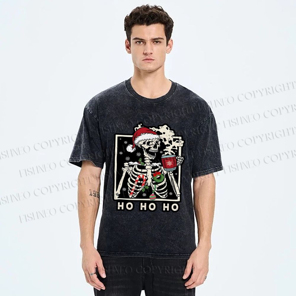 Unisex Christmas Skull Ho Ho Ho Printed Washed Tee