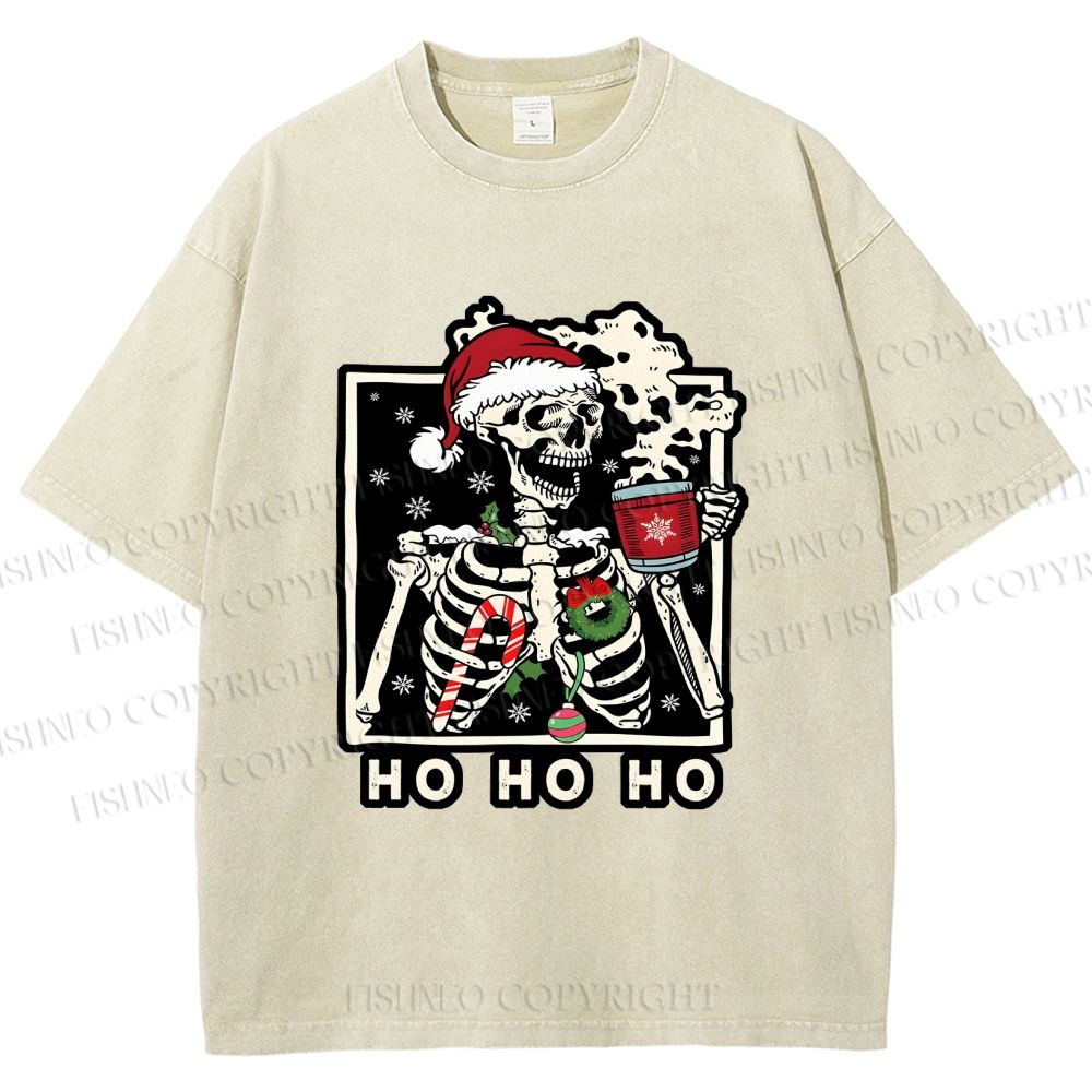 Unisex Christmas Skull Ho Ho Ho Printed Washed Tee