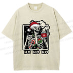 Unisex Christmas Skull Ho Ho Ho Printed Washed Tee