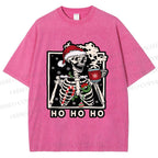 Unisex Christmas Skull Ho Ho Ho Printed Washed Tee