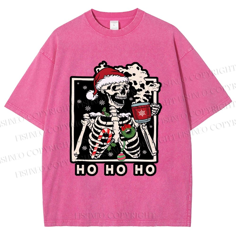 Unisex Christmas Skull Ho Ho Ho Printed Washed Tee