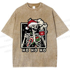 Unisex Christmas Skull Ho Ho Ho Printed Washed Tee