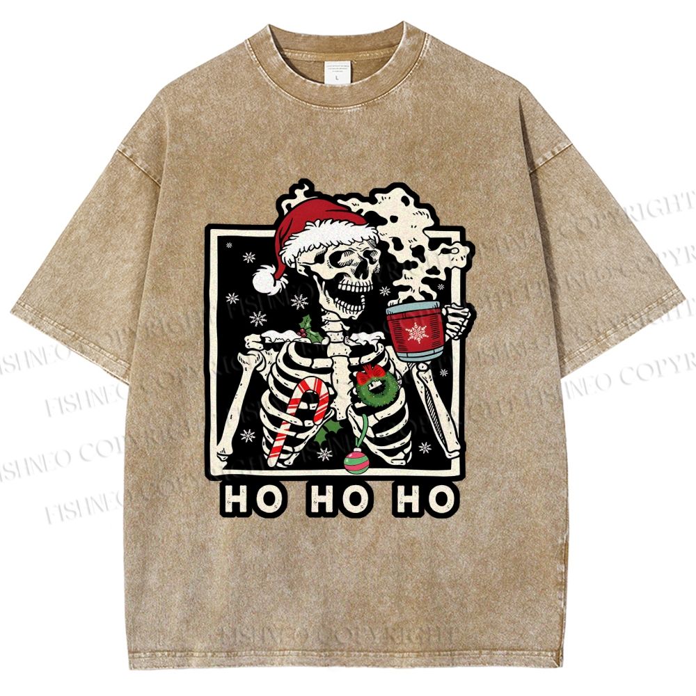 Unisex Christmas Skull Ho Ho Ho Printed Washed Tee