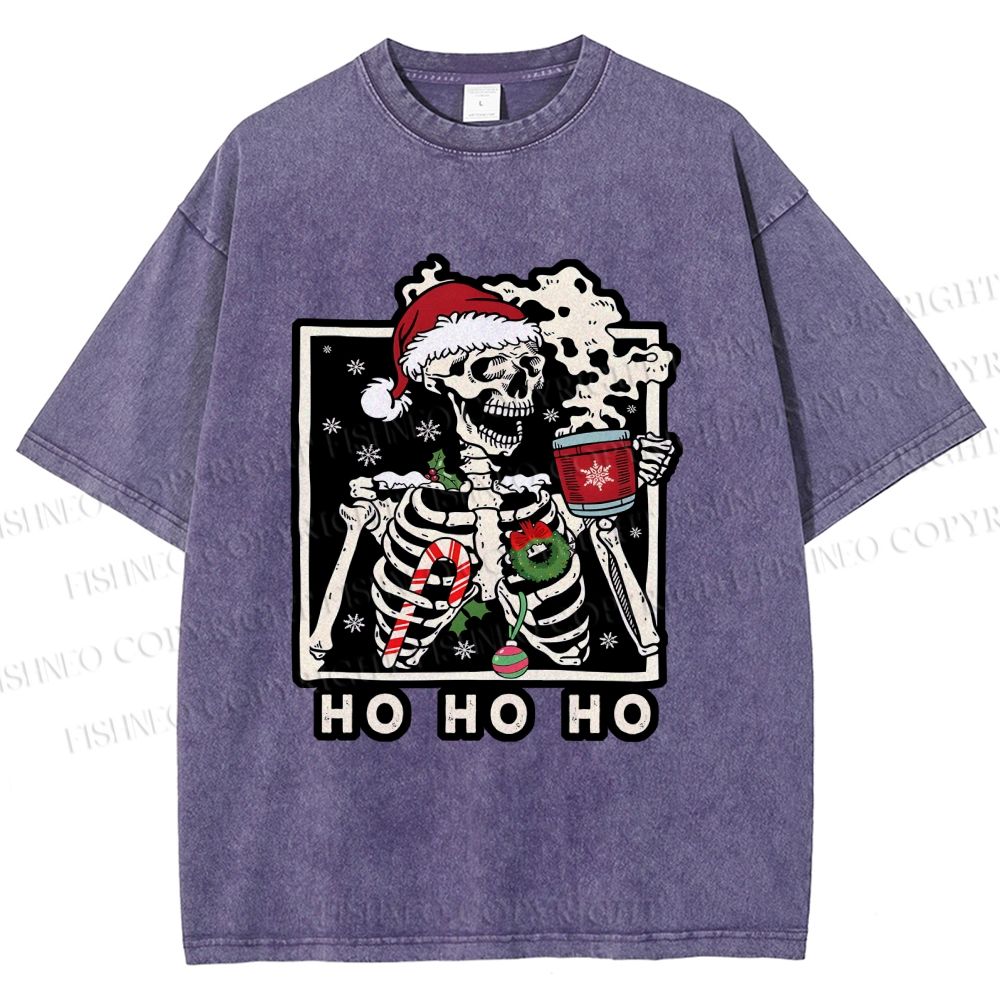 Unisex Christmas Skull Ho Ho Ho Printed Washed Tee