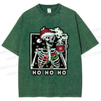 Unisex Christmas Skull Ho Ho Ho Printed Washed Tee