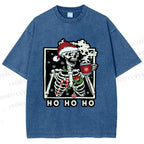 Unisex Christmas Skull Ho Ho Ho Printed Washed Tee